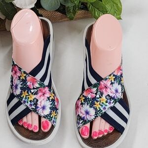 Bzees Navy Floral Striped Sandals